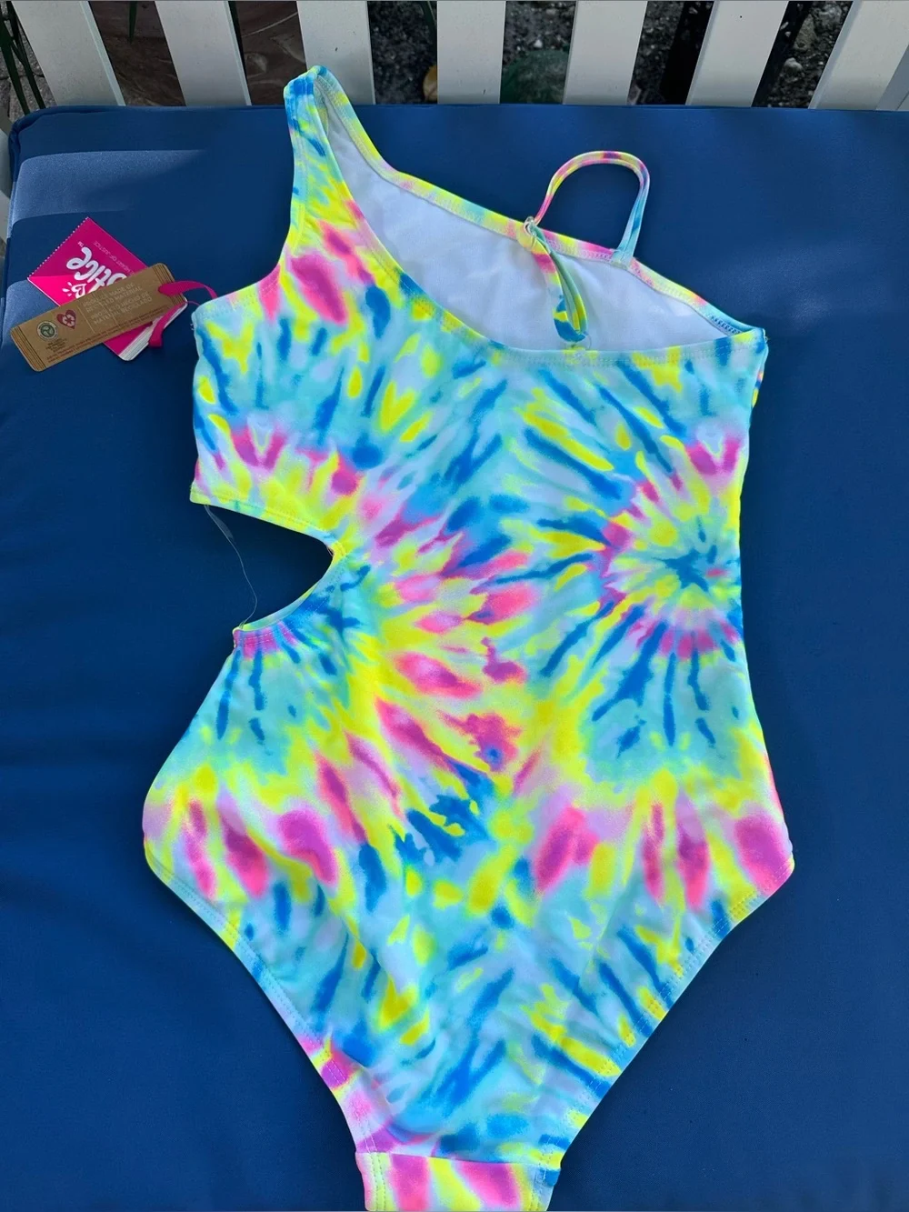 NWT Justice Tie-Dye One-Shoulder Swimsuit in Neon Blue, Yellow & Pink Size 12-14